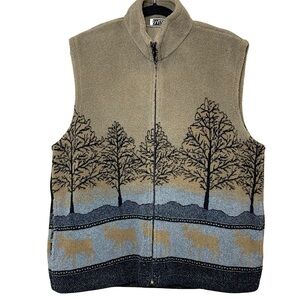 Vintage 80s Fleece Vest Jacket L/XL Brown Gray Zip Up Winter Field Moose Western